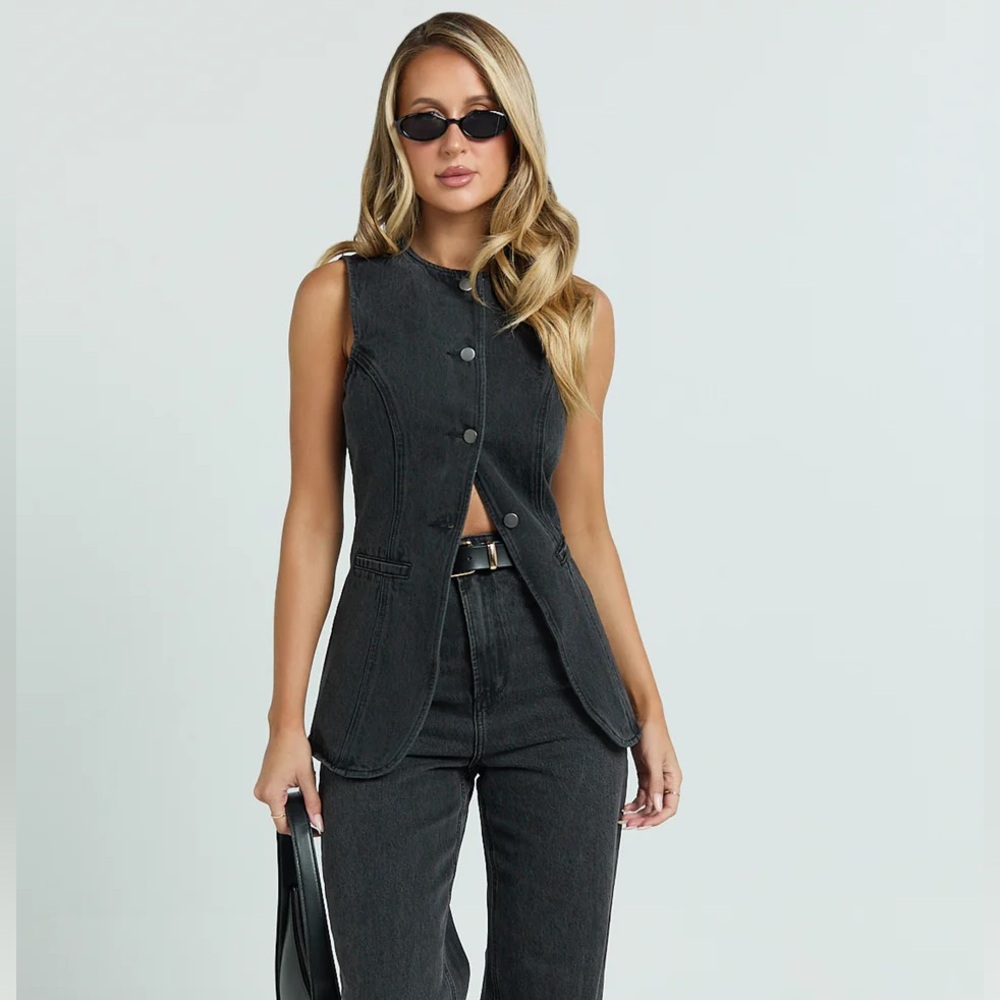 Showpo Rhianna Top - Button down Longline Recycled Denim Vest, Black US 4